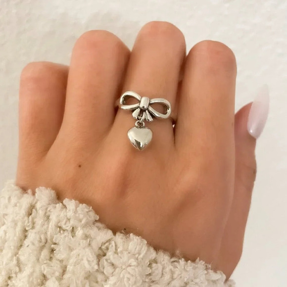 925 Sterling Silver Dangle Heart Ring Heart Charm Ring Minimalist Dainty Ring - Picture 5 of 10